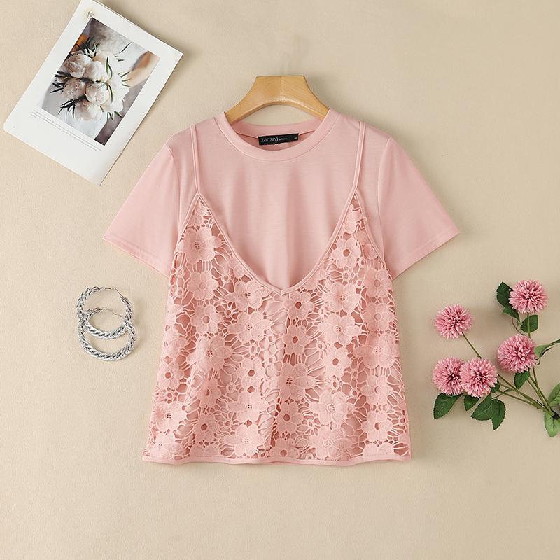 ZANZEA Women Casual Round Neck Lace Patchwork Summer Loose Short Sleeve T-Shirts
