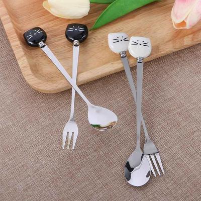 Cute Cartoon Spoon Fork For Children Stainless Steel Ceramic Spoon Tableware Cat Animal White Black Kid's Tableware