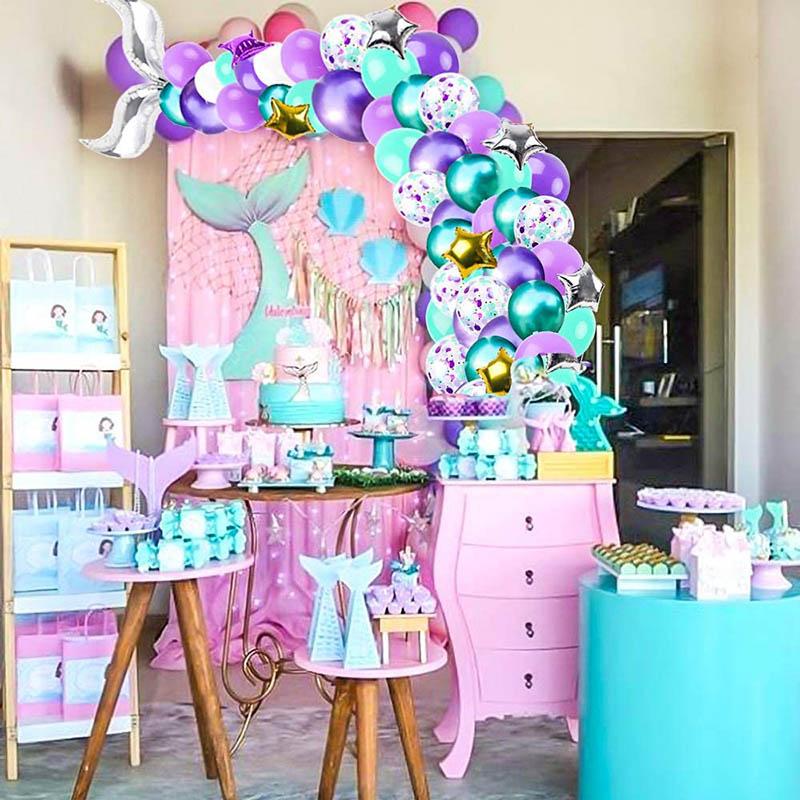 T02C!Mermaid Balloon Garland Arch Kit Long Green Purplee White Confetti Latex Balloons Theme Girl Birthday Party Supplies