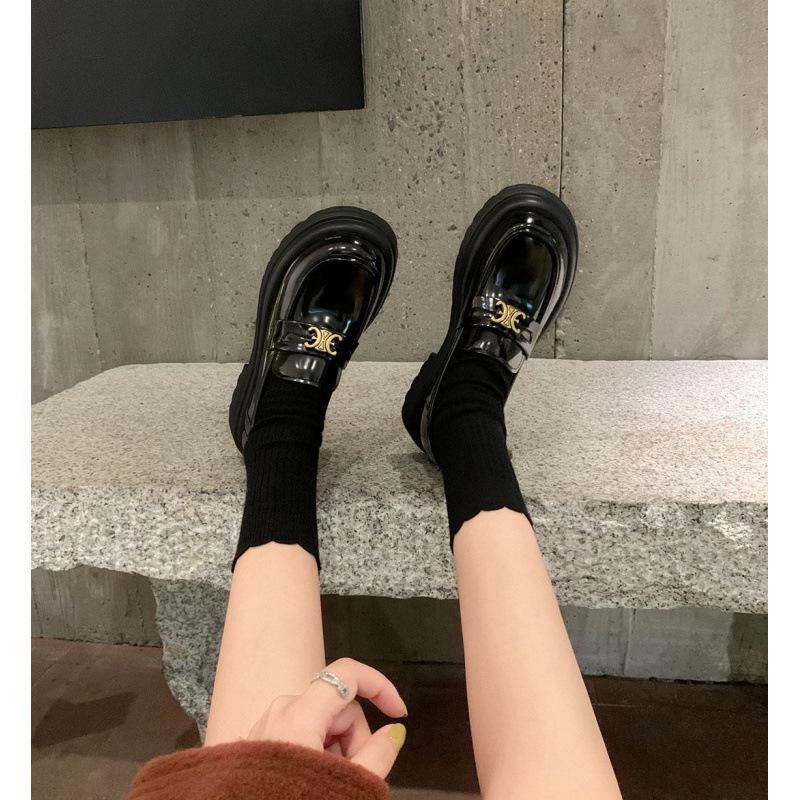 

Can be sent! Leather single shoes round head Arc de Triomphe gold buckle platform women s small leather shoes 34 чёрный