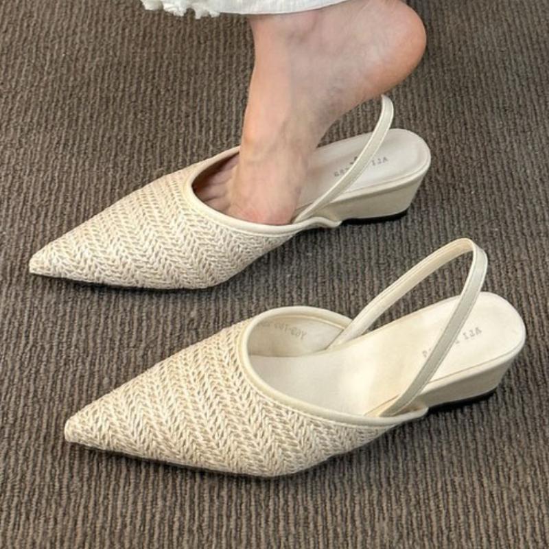 

Fashion Retro Handmade Woven Pumps Women Luxury Pointy Toe Brand Designer Shoe High Quality Fashion Slingback Wedge Sandal Zapatos Mujer 35 бежевый