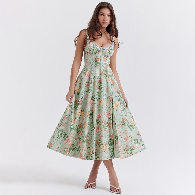 Women Fashion High Waist V Neck Backless Spaghetti Strap Print Ankle Length Trendy Design Dress