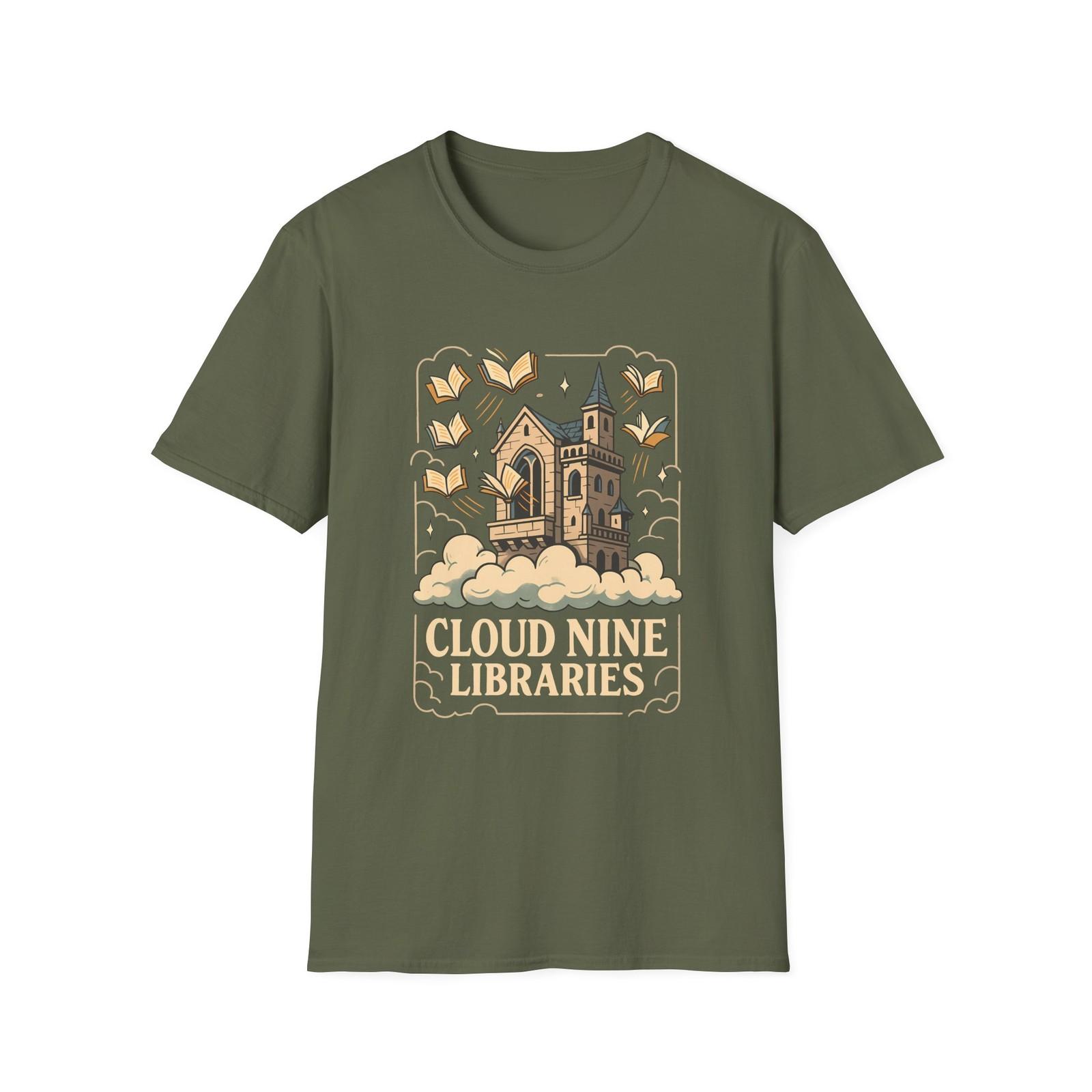 Unisex Softstyle T-Shirt Mens Womens Tees Top Floating Library Books Clouds Whimsical Fantasy Design 2XL
