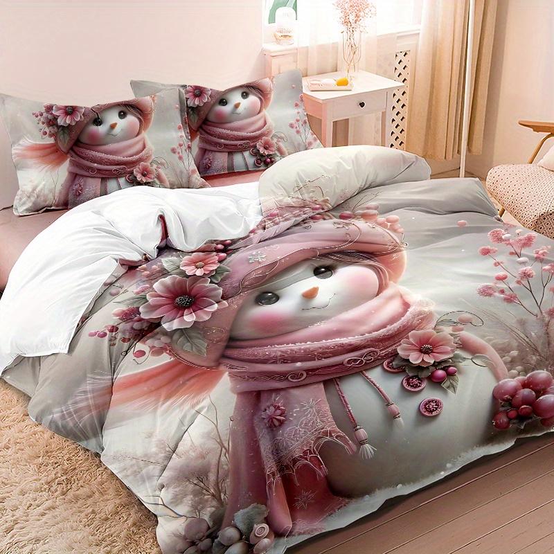 3pcs Winter Snowman Bedding Set - Soft Pink & Pastel Pink Bedspread with Zipper Closure, All-Season Machine Washable Polyester