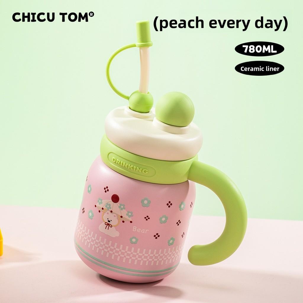 Flower Apple Umbrella Cat Print Large Capacity Stainless Steel Insulated Cup With Handle And Straw For School And Home Use