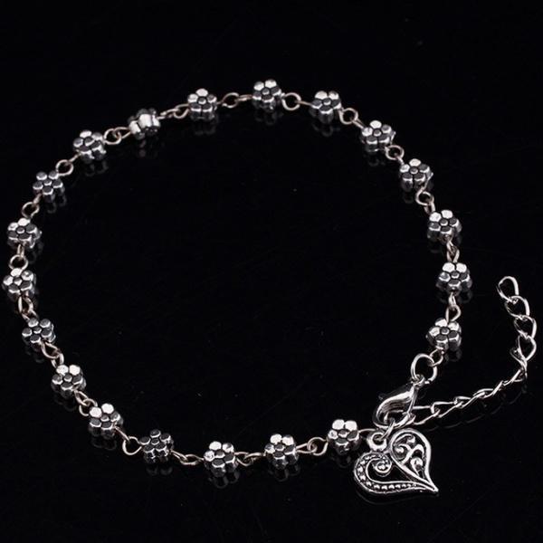 Elegant Women Bead Chain Anklet With Heart And Flower Design For Beach Fashion Jewelry