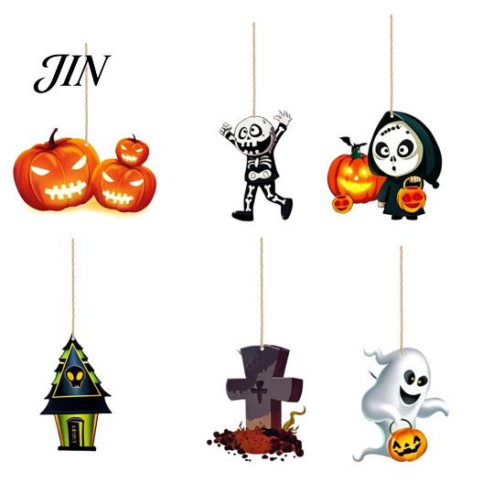 Halloween Hanging Decor 6Pcs Wooden Decoration, Ghost Pumpkin Eyeball Pendant Ornament with Rope, Spooky Holiday Party Decorations