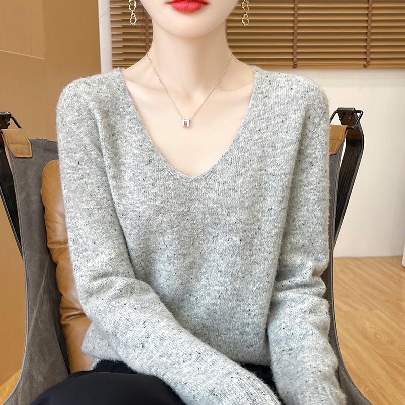 

Женский свитер из 100% шерсти с V-образным вырезом, облегающего кроя - Пуловер крупной вязки для осени/зимы 2XL (Suitable for 135-150 Jin)