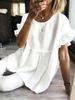Women Solid Round Neck Ruffle Short Sleeve Blouse Loose Pleated Tunic Top Casual Summer Shirt