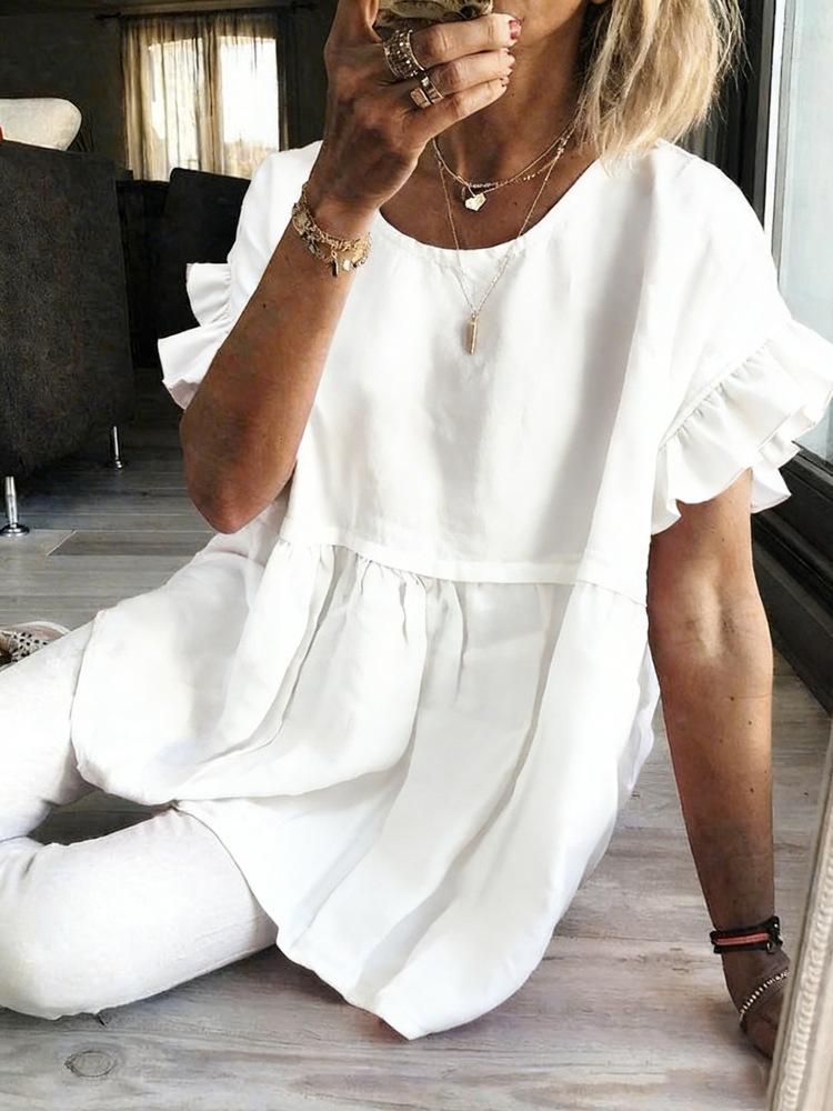 Women Solid Color Round Neck Short Sleeve Ruched Loose Casual Mid Length T Shirt S