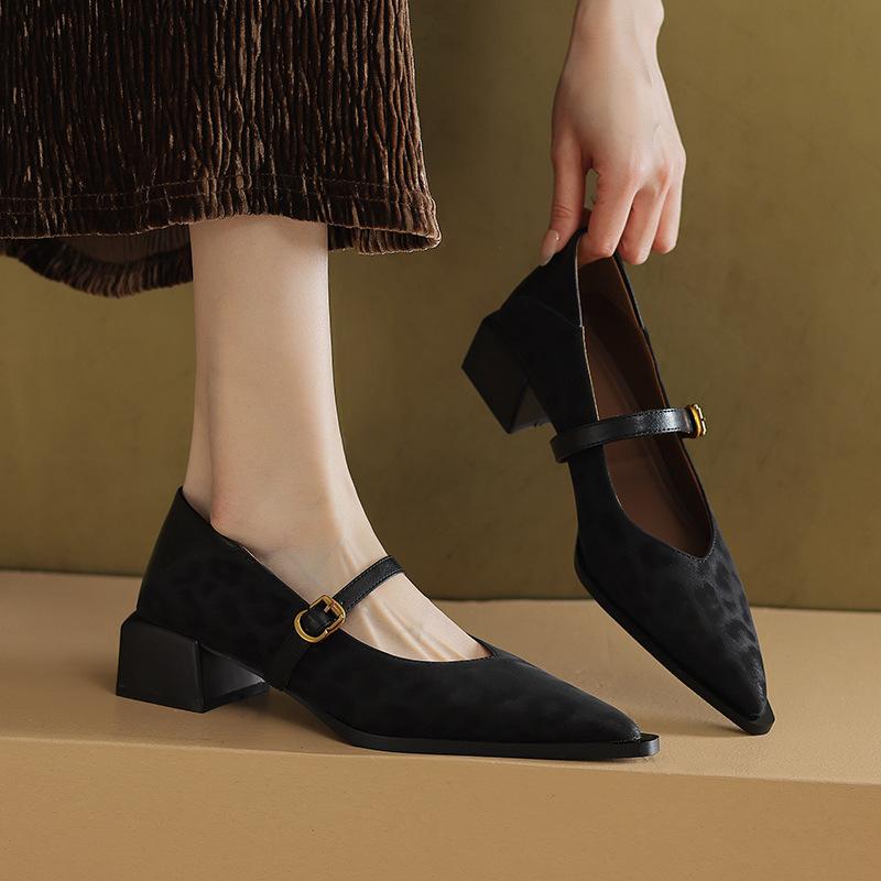 Thick Heel Pointed French Mary Jane Shoes Spring New Shallow Mouth Single Shoes with Skirt