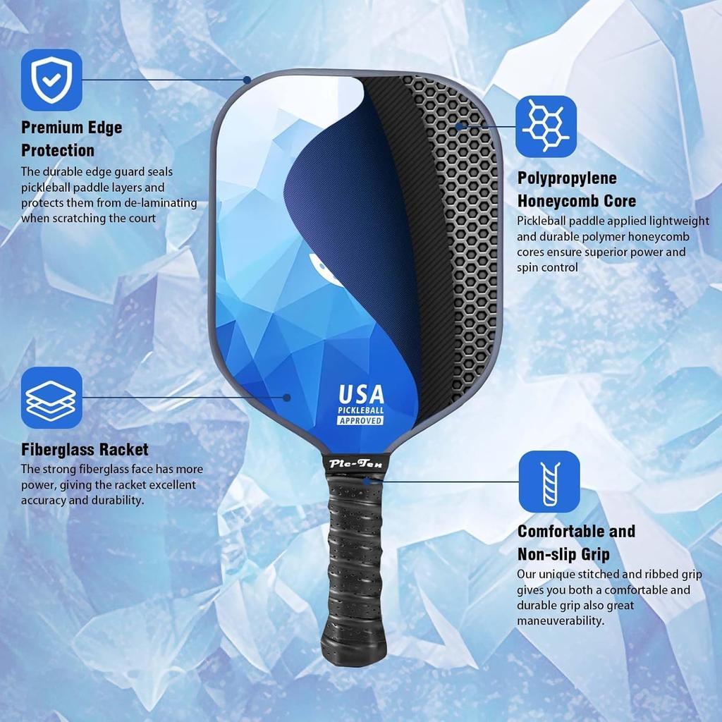 Pic-Ten Pickleball Paddle 2-Piece Set USAPA Approved Fiberglass Surface Lightweight High-Performance Polypropylene Honeycomb Core Non-Slip