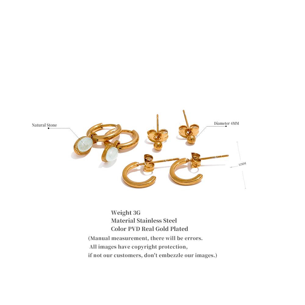 Yhpup 1 Set Fashion Natural Stone Drop Stainless Steel C Shape Geometric Stud Earrings Set Women Golden Chic Jewelry Gala Gift