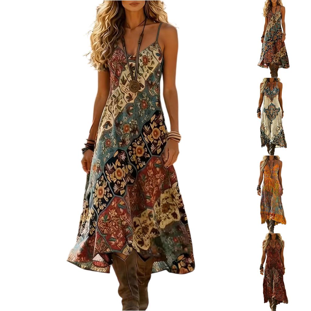 Women's Vintage Bohemian Printed V-Neck Sling Dress