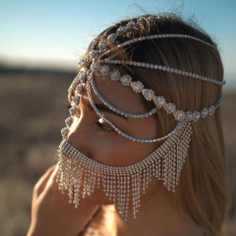 Belly Dance for Rhinestone for Head Chain Crystal Tassel Pendant Mask Chain Novelty Hair Styling Tool for Masquerade Cos