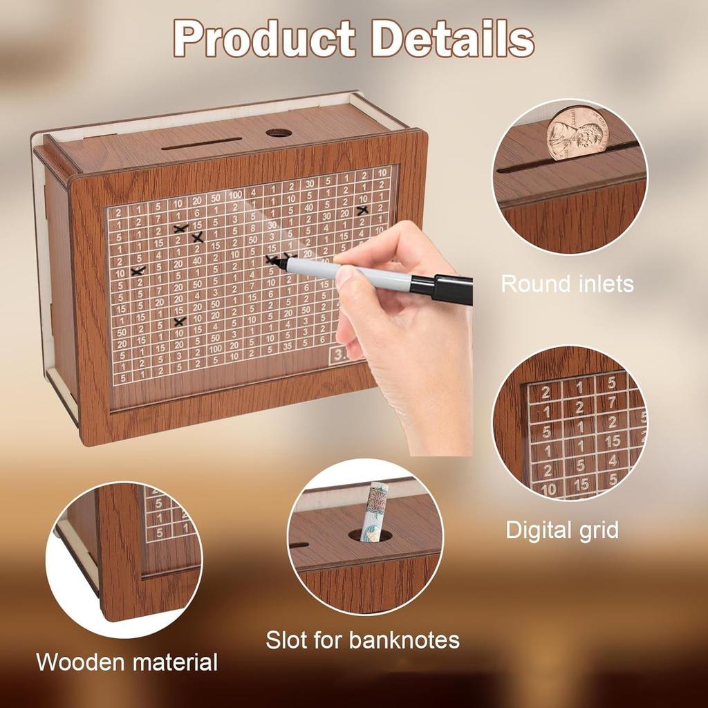 1000/2000/3000/5000 Euro Money Box Wooden Piggy Bank with Reusable Money Box with Saving Goal and Numbers Boxes