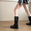 Black retro cigarette tube locomotive boots round head thick sole thick heel medium tube fashion boots tooling double breasted belt knight boots women