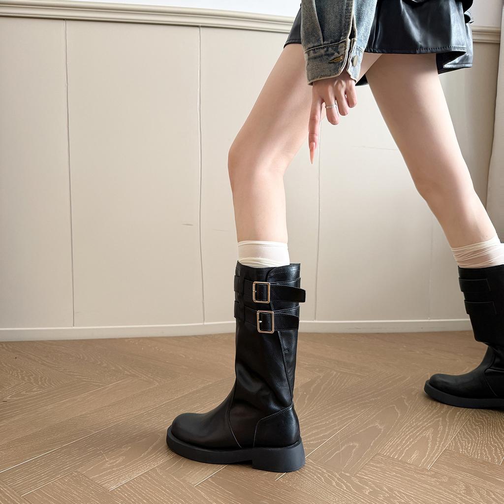 Black retro cigarette tube locomotive boots round head thick sole thick heel medium tube fashion boots tooling double breasted belt knight boots women