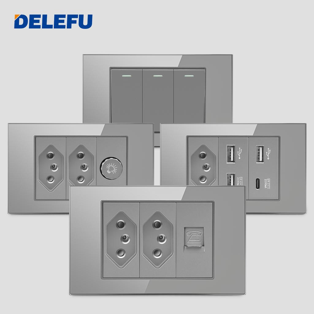 DELEFU Brazil Standard Grey Glass Panel 20A 10A Smart Switch CAT6 Network Socket USB Type-C Wall Outlet Household Charging