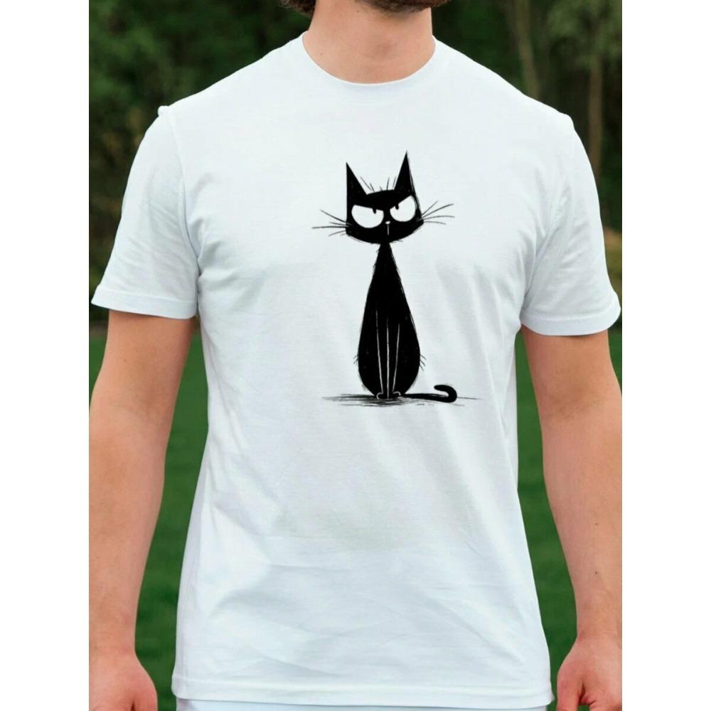 Cat Men Cotton T-Shirt Shy Kitten Cartoon Pattern Print Summer Round Neck Breathable Casual Short Sleeve Fashion T-Shirt
