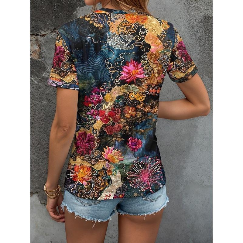 Dam T-shirt Blommigt Grafiskt Växter Bohemia Vintage Snygg Kortärmad Rundhalsad Rundhalsad Vanliga Toppar Vardag Utgång