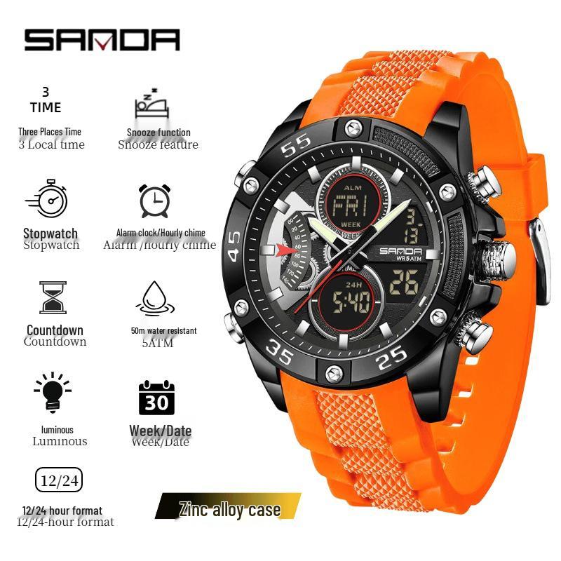 Sanda Men s Multi-Functional Sports Watch: Three-City Time, Stopwatch, Luminous, Large Dial, Waterproof.