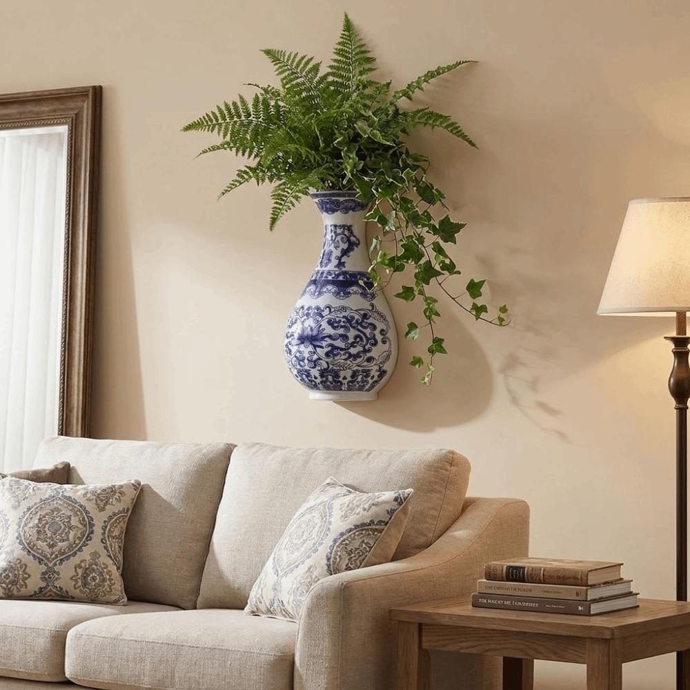 Antique Blue White Porcelain Wall Hanging Ceramic Vase Wall Hanging Vase Living Room Decor