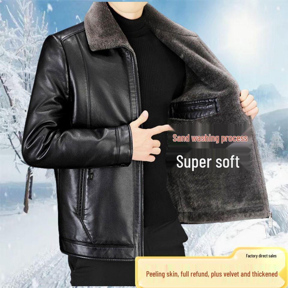 

Men s Short Genuine Leather Jacket with Fur Lining - Warm Winter Coat for Middle-aged & Elderly M (90-115 jin)