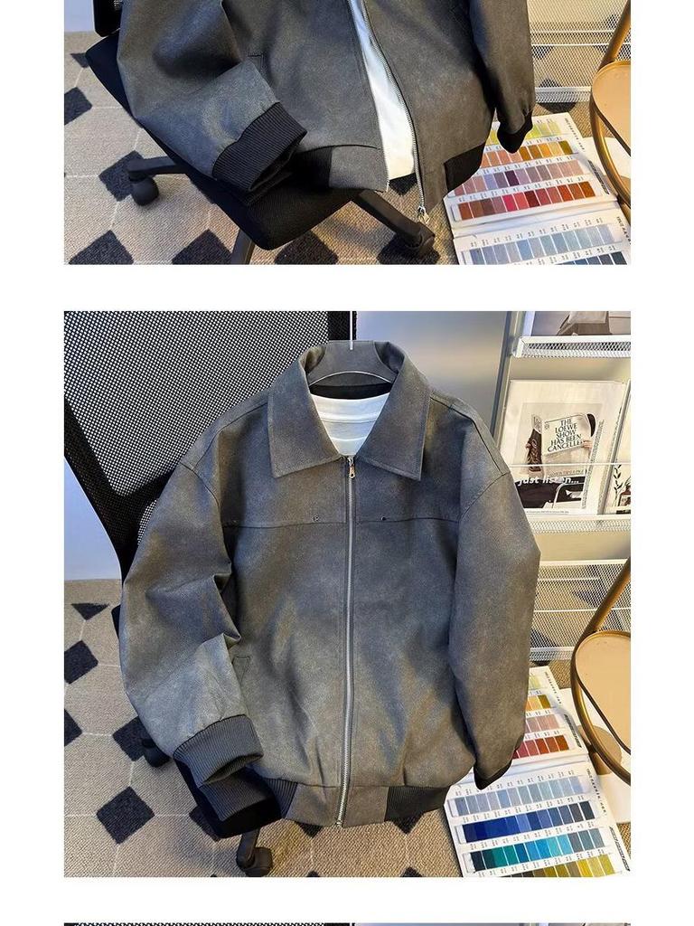 Men's Trendy Retro Brown Leather Baseball Jacket - Suede, Short, Roguish Style for Spring/Autumn