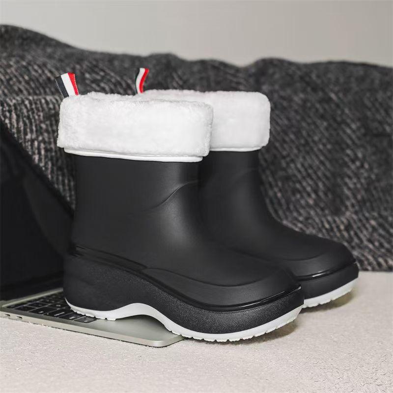 Woman New Thick Sole High Top Rain Boots Waterproof Non Slip Round Toe Detachable Cotton Cover Wedges Fashionable Water Shoes