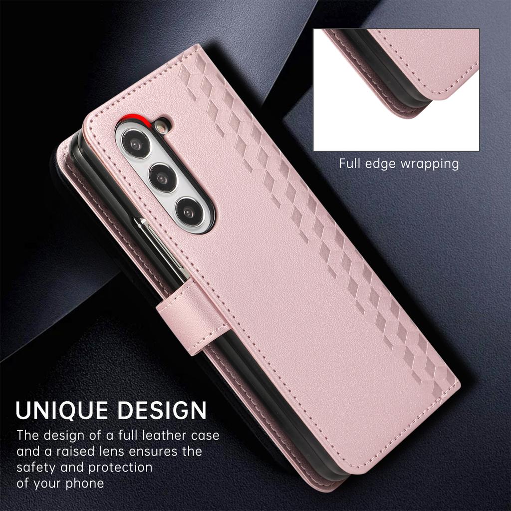 For Samsung Galaxy Z Fold7 5G Case 3D Rhombus Grid Imprinted Wallet Leather Phone Cover with Lanyard