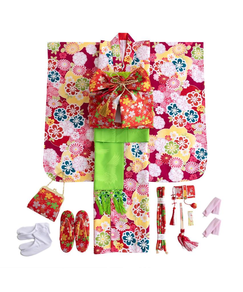 Kimono 7 Jahre altes Mädchen, komplettes Set, Datum, geknotet, faltbar, Shiko Birana, 2 Taillen, Ayaka [KYOETSU] Shichi-Go-San (Kimono, Kragen, Unterwäsche, Obi, Sandalen,