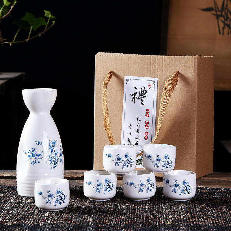 7Pcs Ceramics Japanese Sake Pot Cups Set Flagon Liquor Cup Spirits Hip Flasks Sake White Wine Pot Gifts Home Kitchen Drinkware