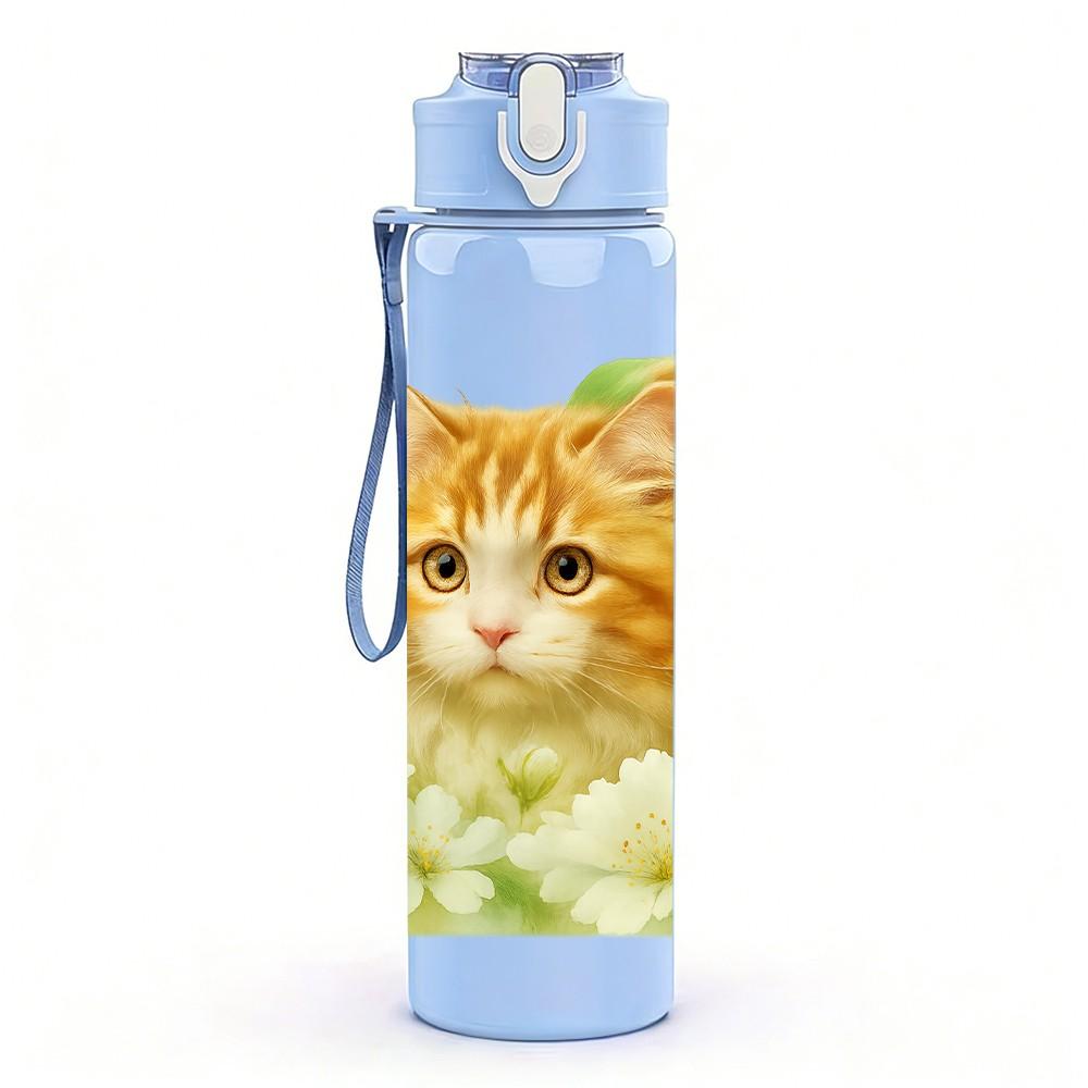 1PC Cat White Chrysanthemum Print 750ml Color Plastic Sports Water Bottle Leakproof Flip Straw Lid Suitable for Sports Office Home Use