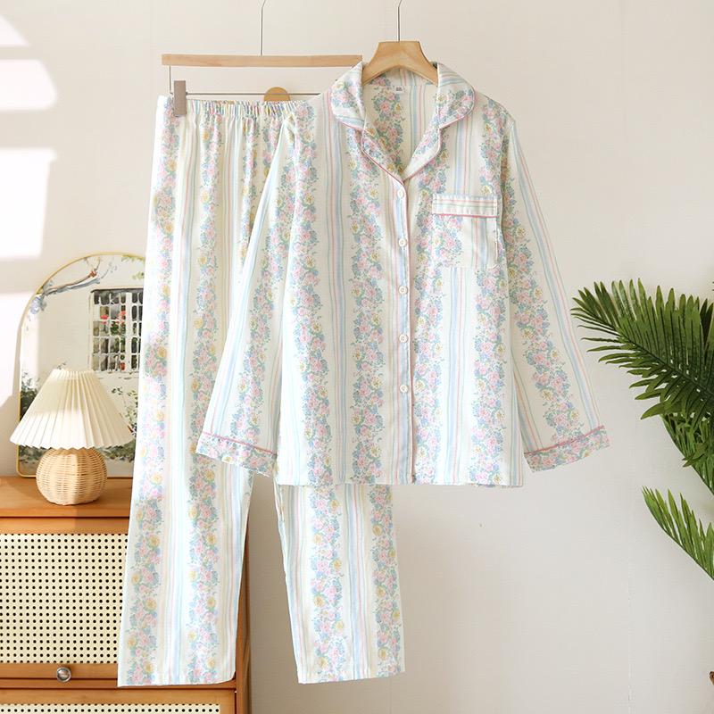 Autumn/Winter Pajama Set Women's Long Sleeve Trousers 100% Cotton Flower Print 2 Piece Set Women's Pajamas Soft Homewear