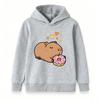 Kids Boys Girls Casual Hoodie, Cute Cartoon Capybara Eating Donut Print Pullover Hooded Sweatshirt, Cozy Long Sleeve Top For Daily Casual