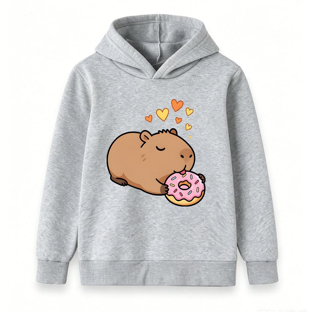 Kids Boys Girls Casual Hoodie, Cute Cartoon Capybara Eating Donut Print Pullover Hooded Sweatshirt, Cozy Long Sleeve Top For Daily Casual