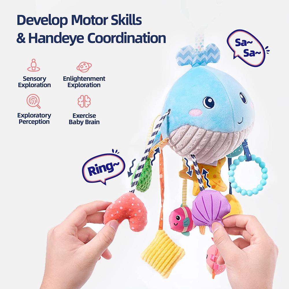 Baby Pull String Activity Plush Toy with Teether Rattle & Squeaker Crib Stroller Mobile Toys Fine Motor Skills Development Toys with Rich Accessories