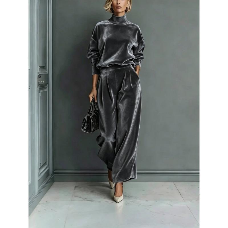 Women S Velour Tracksuit Long Sleeve High Neck Solid Wide Leg Pants