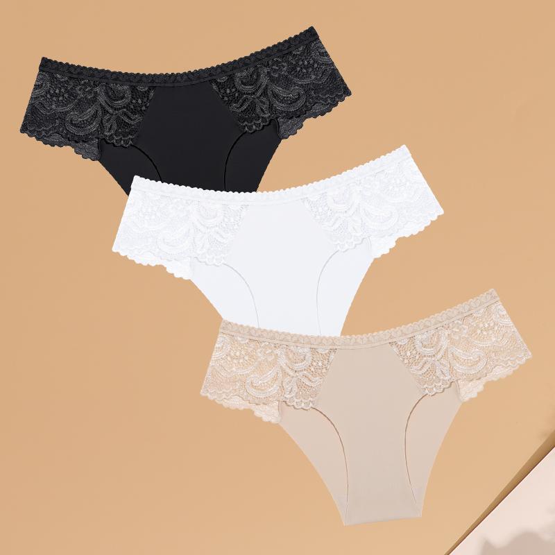 3 Stück Nahtlose Damen Komfort Unterwäsche Sexy Spitze Aushöhlte Slips Mädchen Hüfttief Sport Slip Weiche Atmungsaktive Lingerie