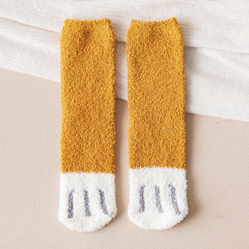 Women's Mid-Calf Coral Fleece Socks: Half-Sided Fleece, Cat Paw Design, Cute & Cozy for Autumn/Winter