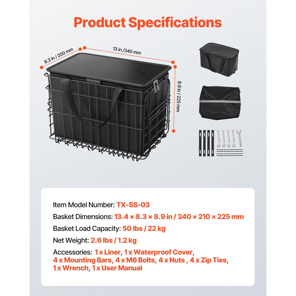 SucceBuy Rear Bike Basket Medium Bicycle Basket with Cargo Net Liner & Waterproof Cover for Adult Carrying Pets Fruit & Grocery