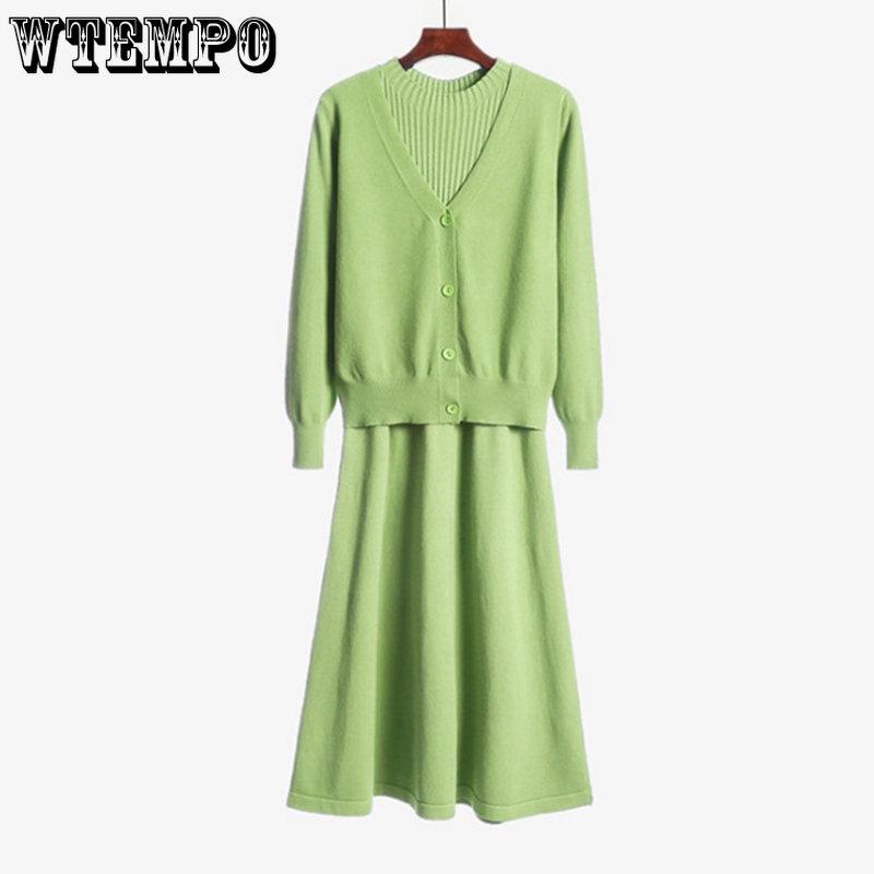 Frauen Kleid Sets Gestrickte Pullover und Kleid Zwei Stücke Set Frühling Herbst Feste Beiläufige Strickwaren Pullover Strickjacken Anzüge