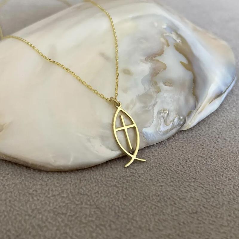 14K Gold Plated Jesus Fish Cross Necklace Stainless Steel Ichthys Necklace For Women Christian Faith Jewelry