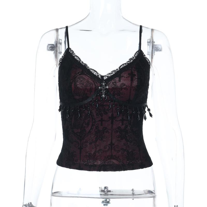 Vintage Mall Gothic Flocking Camisole Women Aesthetic Fairycore Grunge Y2k E-girl Lace Patchwork Beading Crop Tank Tops
