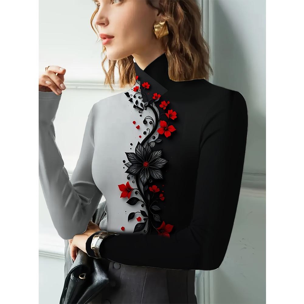 Women's Printed Cheongsam Collar Slim-fitting Long-sleeved T-shirt, Elegant Long-sleeved Bottoming Shirt, Spring and Autumn Women's Clothing