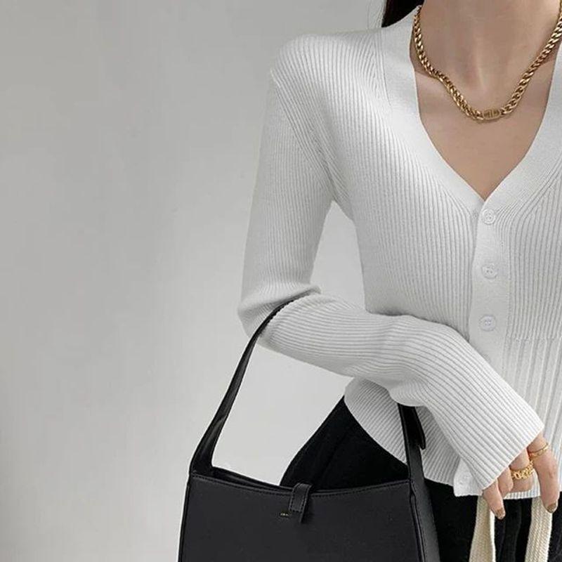 

Single Brewed V-neck High Waisted Sweater Single Breasted V Neck High Waist Sweater WHITE One size