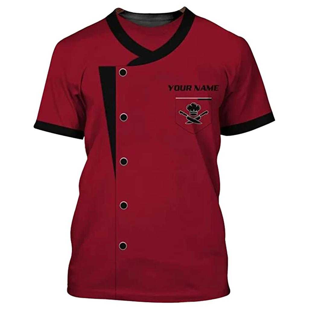 Mens Short Sleeve 3D Print T-shirt Chef Uniform Cook Food Service Tops for Hotel Restaurant Kitchen Canteen Cake Shop Bakery