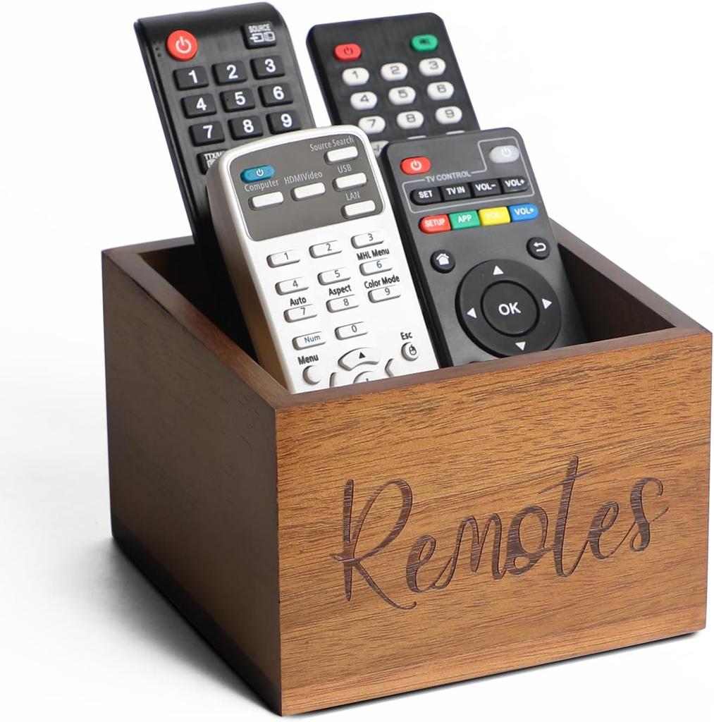 Acacia Wood TV Remote Holder, Caddy and Organizer for Table, Vintage Farmhouse Desk Caddy (Brown for 2 or 3 Remote Controls)