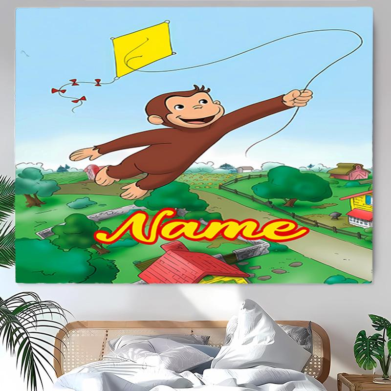 Personalized Curious George Background Tapestry,Custom Name Birthday Party,Multifunctional Wall Decoration for Home Decor,Various Occasions